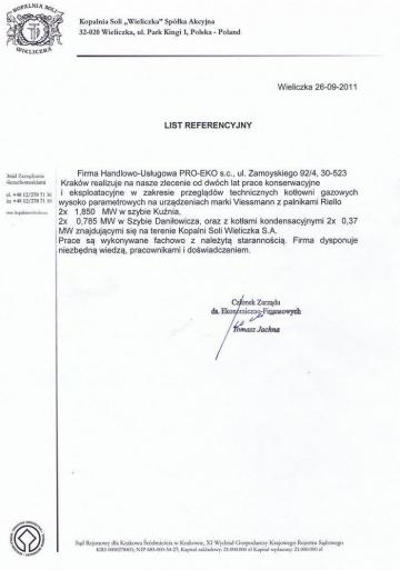 List referencyjny Kopalnia Soli Wieliczka